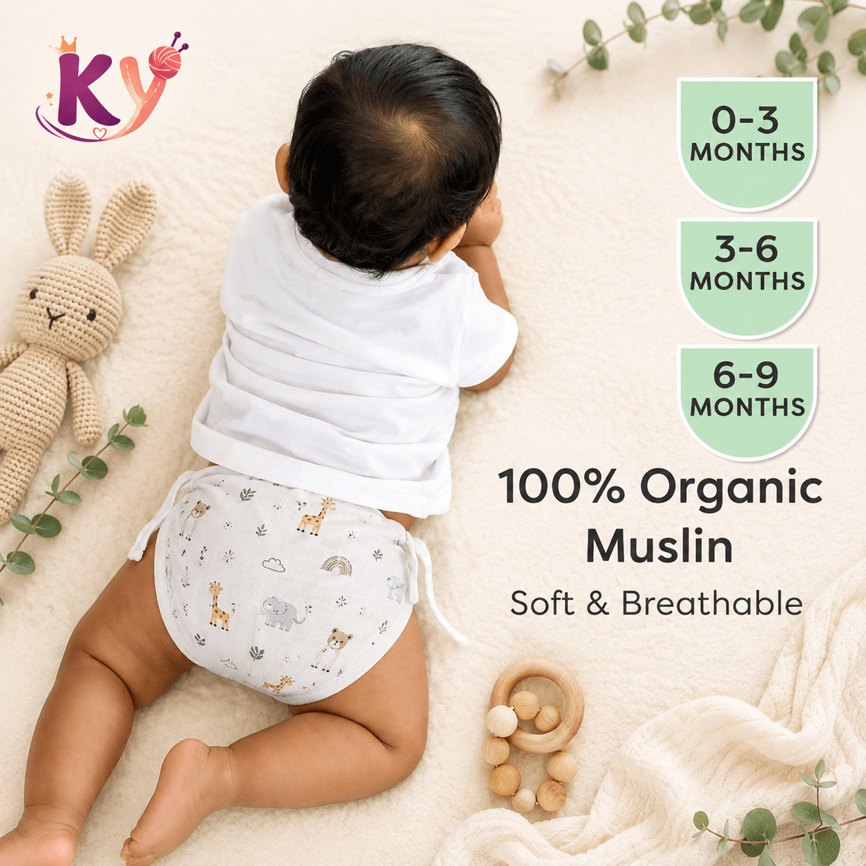 Kidzyarn Newborn Baby Muslin Nappy | Ultra Soft Reusable Cotton Cloth Diaper | Gentle on Baby Skin - Image 17