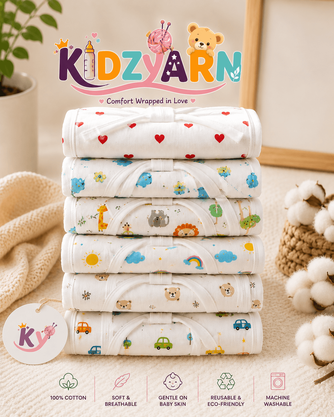 Kidzyarn Newborn Baby Muslin Nappy | Ultra Soft Reusable Cotton Cloth Diaper | Gentle on Baby Skin