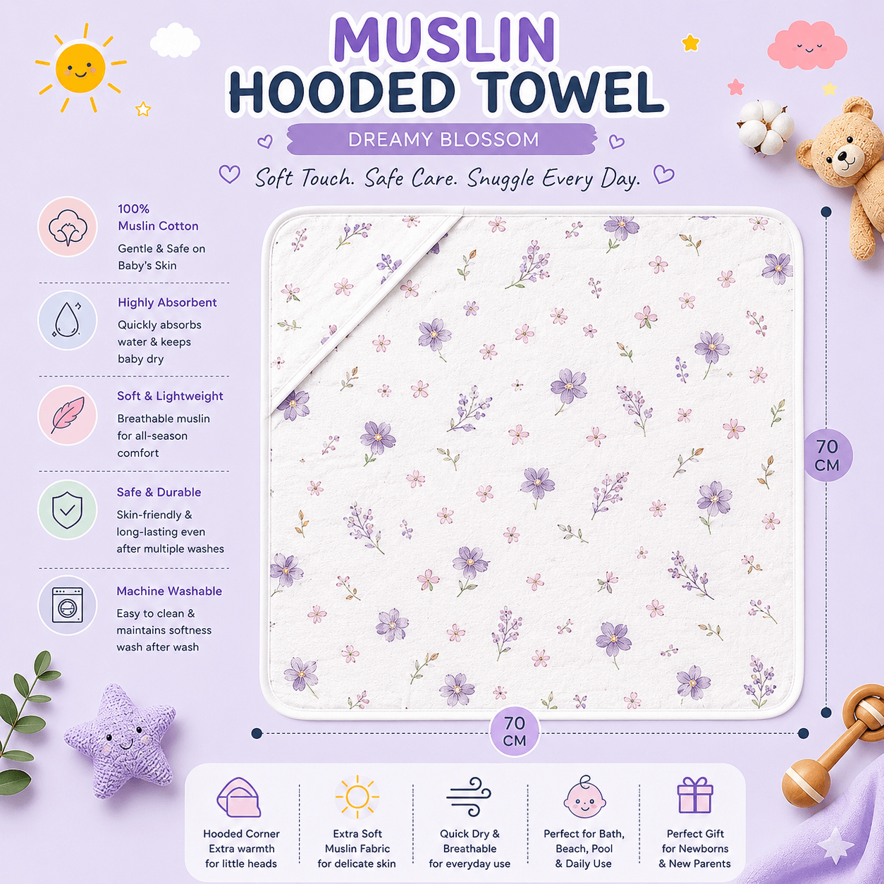 Kidzyarn Newborn Baby Hooded Towel | Ultra Soft & Absorbent Cotton Baby Bath Towel - Image 6